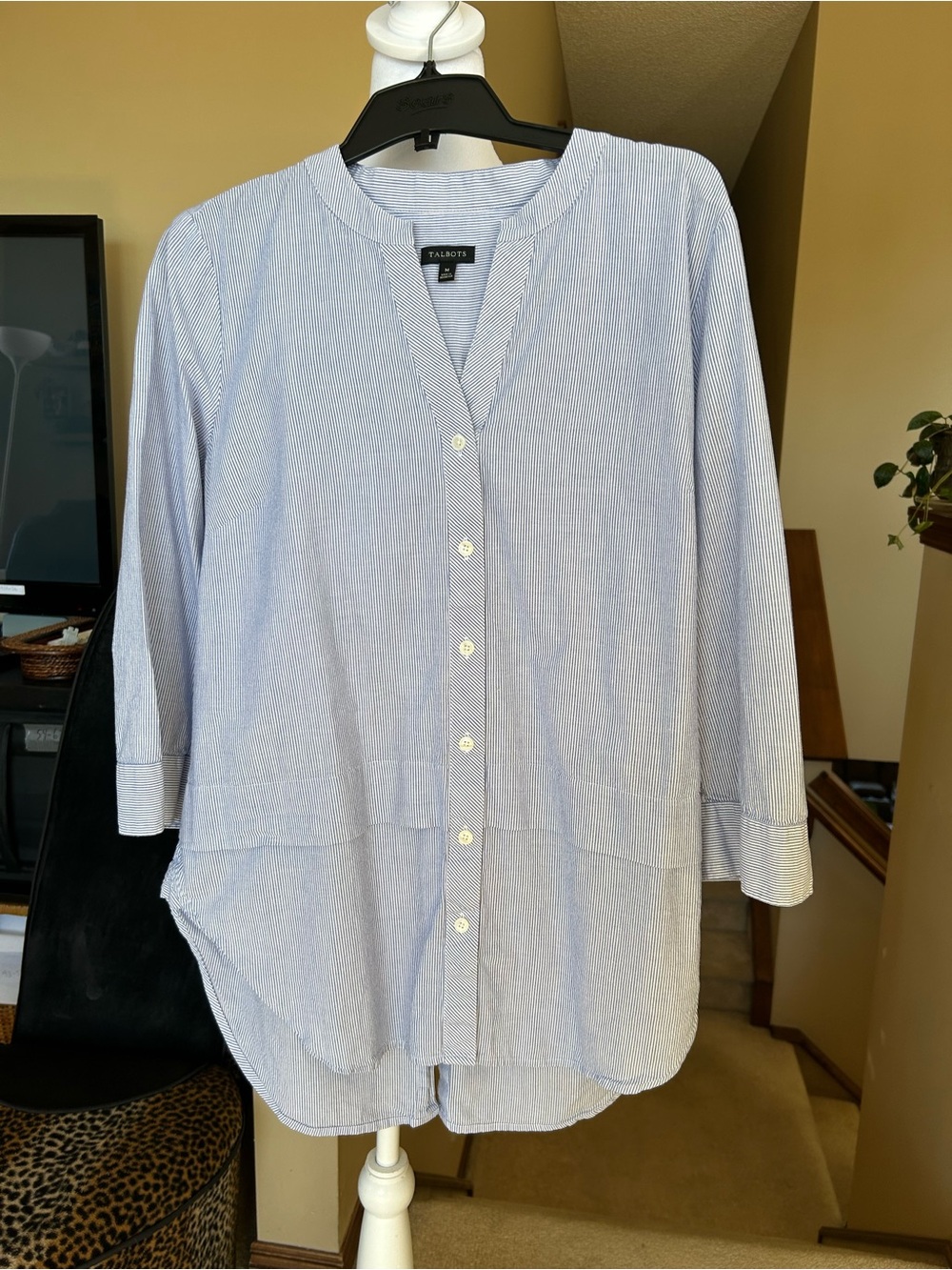 Talbots Blue and White Striped Collarless Button front/back 3/4 Sleeve Top